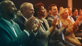 People sitting and clapping at a conference